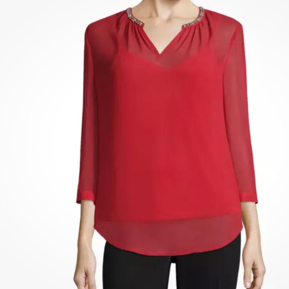 Liz Claiborne 3/4-Sleeve Embellished V- Neck Blouse Size XL. Red, Rhinestones - Picture 1 of 7